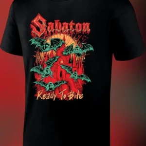 Sabaton Ready To Bite Tee Heavy Metal Band Graphic Shirt Gothic Vampire Bat Design available at our Los Angeles warehouse