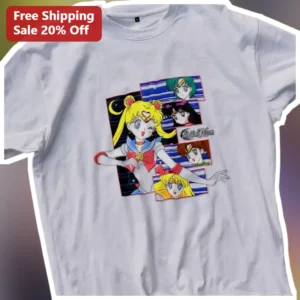 Sailor Moon Vintage Kawaii Anime Character Collage Graphic Tee for Women available at our Los Angeles warehouse