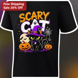 Scary Cat Tee Halloween Witch Black Cat Graphic Shirt Cute Spooky Kitty Gift available at our Los Angeles warehouse