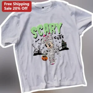 Scary Cute Minnie Mouse Mummy Graphic Tee Halloween Trick or Treat Shirt for Women Kids available at our Los Angeles warehouse