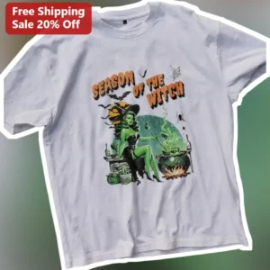 Season of the Witch Tee Vintage Pin Up Halloween Graphic Shirt available at our Los Angeles warehouse