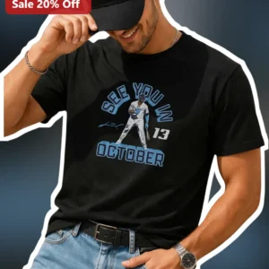 See You In October Baseball Player Graphic Tee for Men Women Fall Birthday Gift available at our Los Angeles warehouse