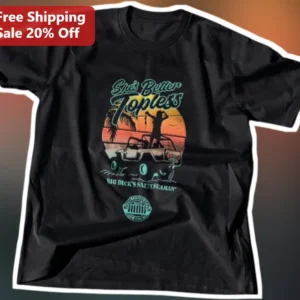She's Better Topless Big Dick's Salty Seaman Funny Nautical Retro Sunset Graphic Tee available at our Los Angeles warehouse
