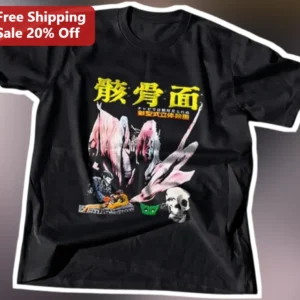 Skeleton Mask Face Japanese Horror Graphic Tee Halloween Cosplay Shirt available at our Los Angeles warehouse
