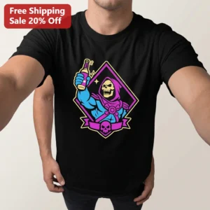 Skeletor Drinking Beer Graphic Tee Funny Masters of the Universe Retro 80s Villain Shirt Gift available at our Los Angeles warehouse
