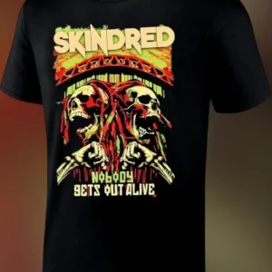 Skindred Nobody Gets Out Alive Graphic Tee Metal Band Merch available at our Los Angeles warehouse