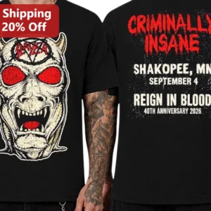 Slayer Criminally Insane Graphic Tee Thrash Metal Band Shirt Angel of Death Design available at our Los Angeles warehouse