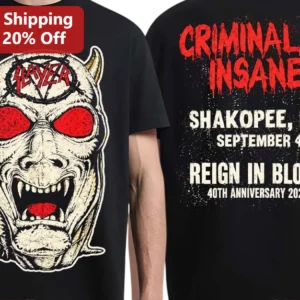Slayer Criminally Insane Reign In Blood Graphic Tee Thrash Metal Band Merch Shirt available at our Los Angeles warehouse