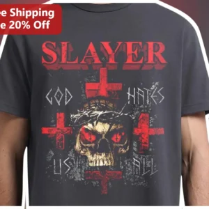 Slayer God Hates Us All Tee Thrash Metal Band Merch Graphic Shirt available at our Los Angeles warehouse