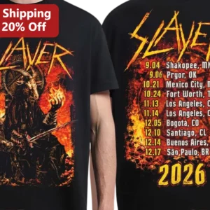 SLAYER Heavy Metal Graphic Tee Fiery Demon Tour Shirt for Men Women available at our Los Angeles warehouse