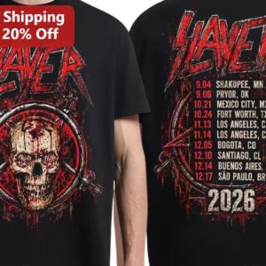 Slayer Thrash Metal Band Logo Skull Graphic Tee for Men Women available at our Los Angeles warehouse