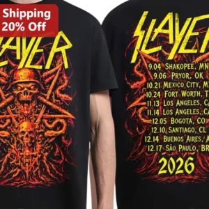 Slayer Vintage Thrash Metal Band Logo Skull Graphic Tee for Men Women available at our Los Angeles warehouse