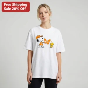 Snoopy Woodstock Tennessee Volunteers Tee, Peanuts College Football Fan Gift, UT Knoxville Vols Appa available at our Los Angeles warehouse