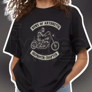 Sons of Arthritis Ibuprofen Chapter Vintage Biker Skeleton Graphic Tee Funny Motorcycle Club Parody available at our Los Angeles warehouse
