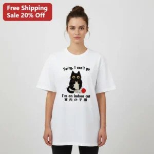 Sorry I Can't Go I'm an Indoor Cat Tee, Cute Knitting Cat Lover Gift for Introverts available at our Los Angeles warehouse
