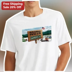 South America Funny Geography Signpost Graphic Tee for Travelers available at our Los Angeles warehouse