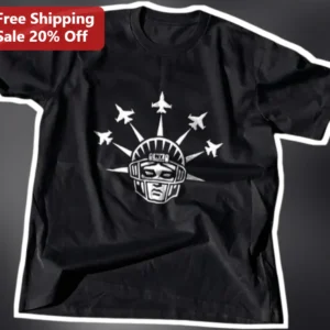 Statue of Liberty Football Helmet Jets Flyover Graphic Tee available at our Los Angeles warehouse