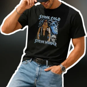 Stone Cold Stevie Wonder Graphic Tee Vintage Bootleg Wrestling Parody Shirt for Men available at our Los Angeles warehouse