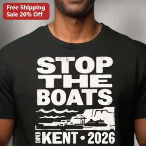 Stop The Boats Political Statement Tee UK Border Control Protest Shirt available at our Los Angeles warehouse
