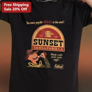 Sunset Sarsaparilla Retro Soda Vintage Beverage Graphic Tee for Fallout Fans available at our Los Angeles warehouse
