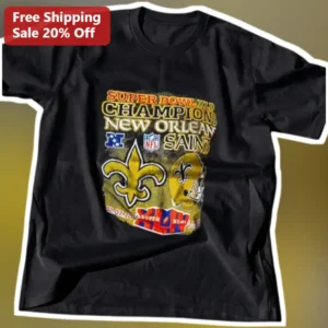 Super Bowl XLIV Champions New Orleans Saints Tee Vintage NFL Championship Shirt available at our Los Angeles warehouse