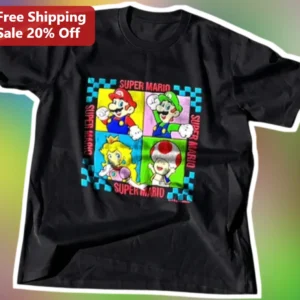 Super Mario Tee Retro Pixel Character Collage Graphic T-Shirt for Gamers available at our Los Angeles warehouse