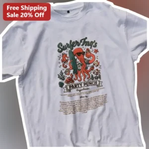 Surfer Inq's Party Punch Tee Funny Octopus Surf Club Graphic Shirt Gift for Science Lovers available at our Los Angeles warehouse