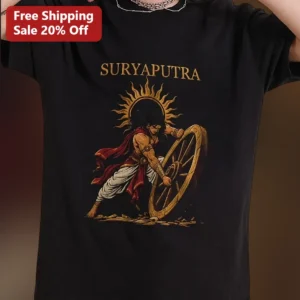 Suryaputra Karna Graphic Tee Hindu Mythology Mahabharata Warrior Art Shirt available at our Los Angeles warehouse