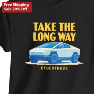 Take The Long Way Cybertruck Tee Retro Road Trip Gift For Tesla Owners available at our Los Angeles warehouse