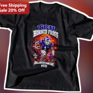 TCU Horned Frogs Halloween Game Day Tee Skeleton Football Player Spooky College Fan Gift available at our Los Angeles warehouse