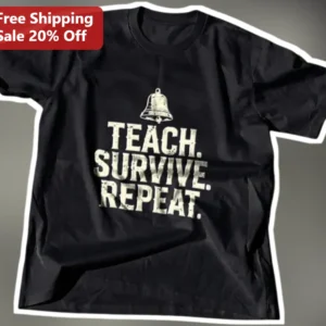 Teach Survive Repeat Funny Teacher Graphic Tee Vintage School Bell Shirt Gift for Educators available at our Los Angeles warehouse