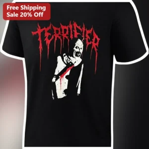 Terrifier Art The Clown Graphic Tee Horror Slasher Movie Merch Gift available at our Los Angeles warehouse