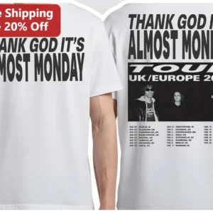 Thank God It's Almost Monday Tee Vintage Rock Band Merch Style Graphic T-Shirt Gift for Music Fans available at our Los Angeles warehouse