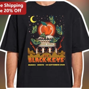 The Black Keys Retro Psychedelic Peach Moth Vintage Concert Poster Graphic Tee available at our Los Angeles warehouse