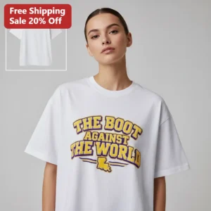 The Boot Against The World Tee LSU Tigers Louisiana Gameday Shirt Purple and Gold State Pride Gift f available at our Los Angeles warehouse