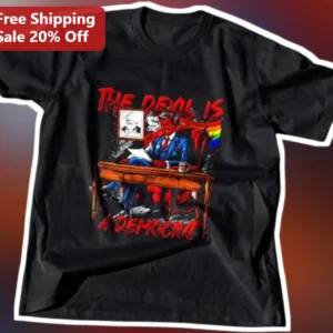 The Devil Is A Democrat Political Satire Graphic Tee For Conservative Voters available at our Los Angeles warehouse
