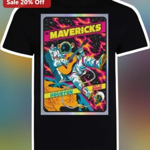 The Mavericks Houston Graphic Tee Country Rock Band Merch Astronaut Guitar Holographic Shirt available at our Los Angeles warehouse