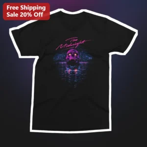 The Midnight Synthwave Skull Neon City Graphic Tee available at our Los Angeles warehouse