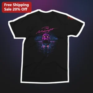 The Midnight Tee Synthwave Skull Neon Vaporwave Graphic T-Shirt Retro Horror Merch available at our Los Angeles warehouse
