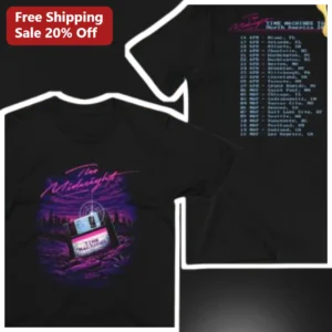 The Midnight Time Machines Tour North America 2024 Synthwave Band Merch Graphic Tee available at our Los Angeles warehouse