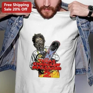 The Texas Chainsaw Massacre Part 2 Leatherface Graphic Tee Vintage Horror Slasher Film Merch available at our Los Angeles warehouse