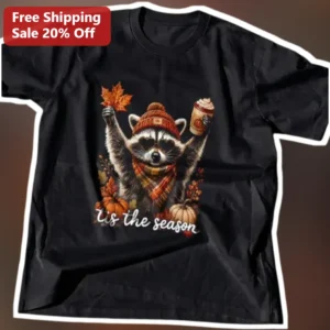'Tis The Season Cute Raccoon Fall Leaves Pumpkin Graphic Tee for Women Men available at our Los Angeles warehouse