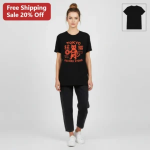 Tokyo Record Store Cat Graphic Tee, Japanese Vinyl Record Lover Shirt, Retro Music Streetwear Gift f available at our Los Angeles warehouse