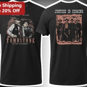 Tombstone Justice Is Coming Graphic Tee Kurt Russell Western Movie Shirt available at our Los Angeles warehouse