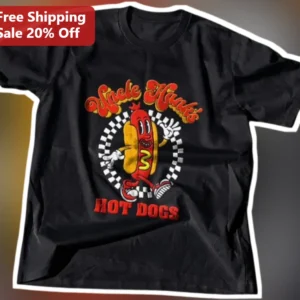 Uncle Hanks HOT DOGS Vintage Mascot Tee Retro Cartoon Foodie Gift available at our Los Angeles warehouse