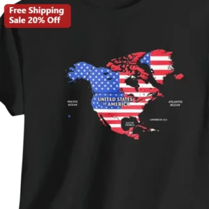 United States of America Tee Patriotic USA Map Flag Graphic Shirt for Independence Day available at our Los Angeles warehouse