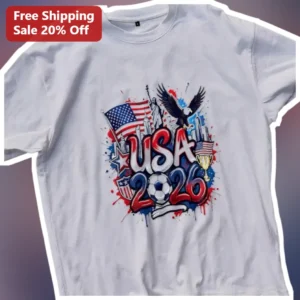 USA 2026 Soccer World Cup Fan Graphic Tee Patriotic Eagle Design available at our Los Angeles warehouse