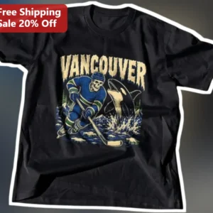 Vancouver Tee Vintage Skeleton Hockey Player Orca Whale Graphic Shirt for Men Women available at our Los Angeles warehouse