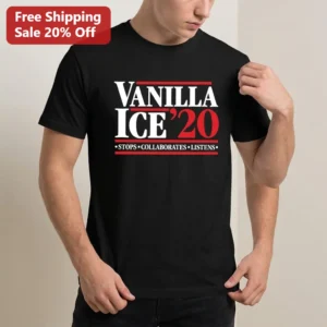 Vanilla Ice 20 Stops Collaborates Listens Tee Funny 90s Hip Hop Parody Campaign Graphic Shirt available at our Los Angeles warehouse