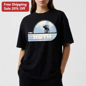 Visit Hoth Echo Base Retro Travel Poster Tee Vintage AT-AT Walker Sci-Fi Graphic Shirt Gift for Fans available at our Los Angeles warehouse
